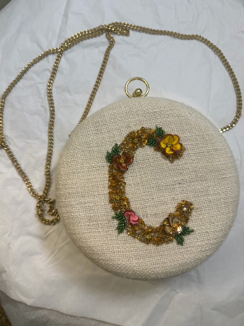 Beaded Floral Round Crossbody Bag in Ivory with Gold Chain “C”